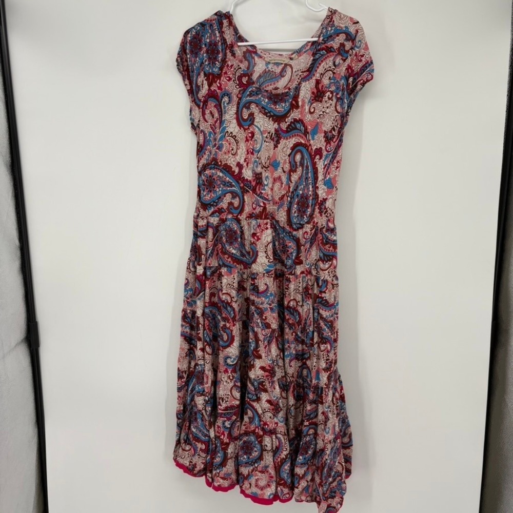 Soft Surroundings Dress Womens PL Pink‎ Paisley Tiered Midi Viscose  Cap Sleeve